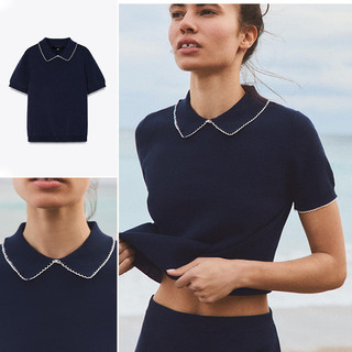 Áo Sơ mi Zara made in Morocco dệt kim xanh cổ viền lé trắng - nữ