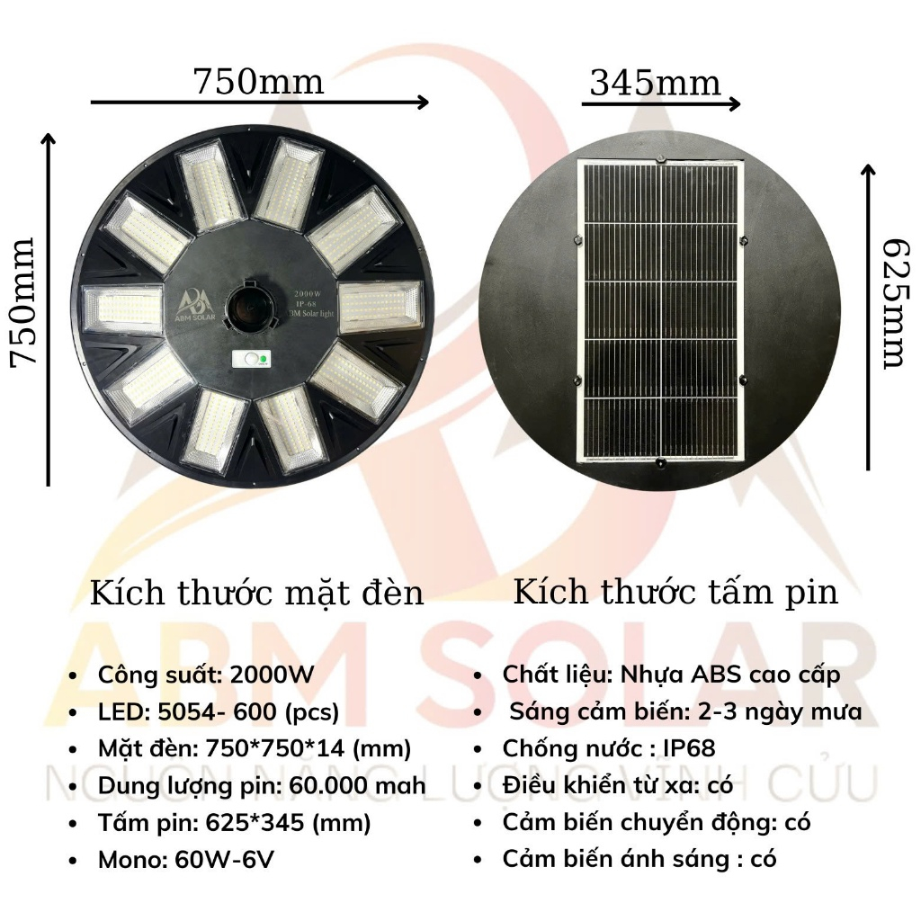 Đèn Đường Năng Lượng Mặt Trời 2000W UFO ABM SOLAR DK75, LED Siêu Sáng Cảm Biến Chuyển Động, Chiếu Sáng Sân Vườn, Bãi Xe