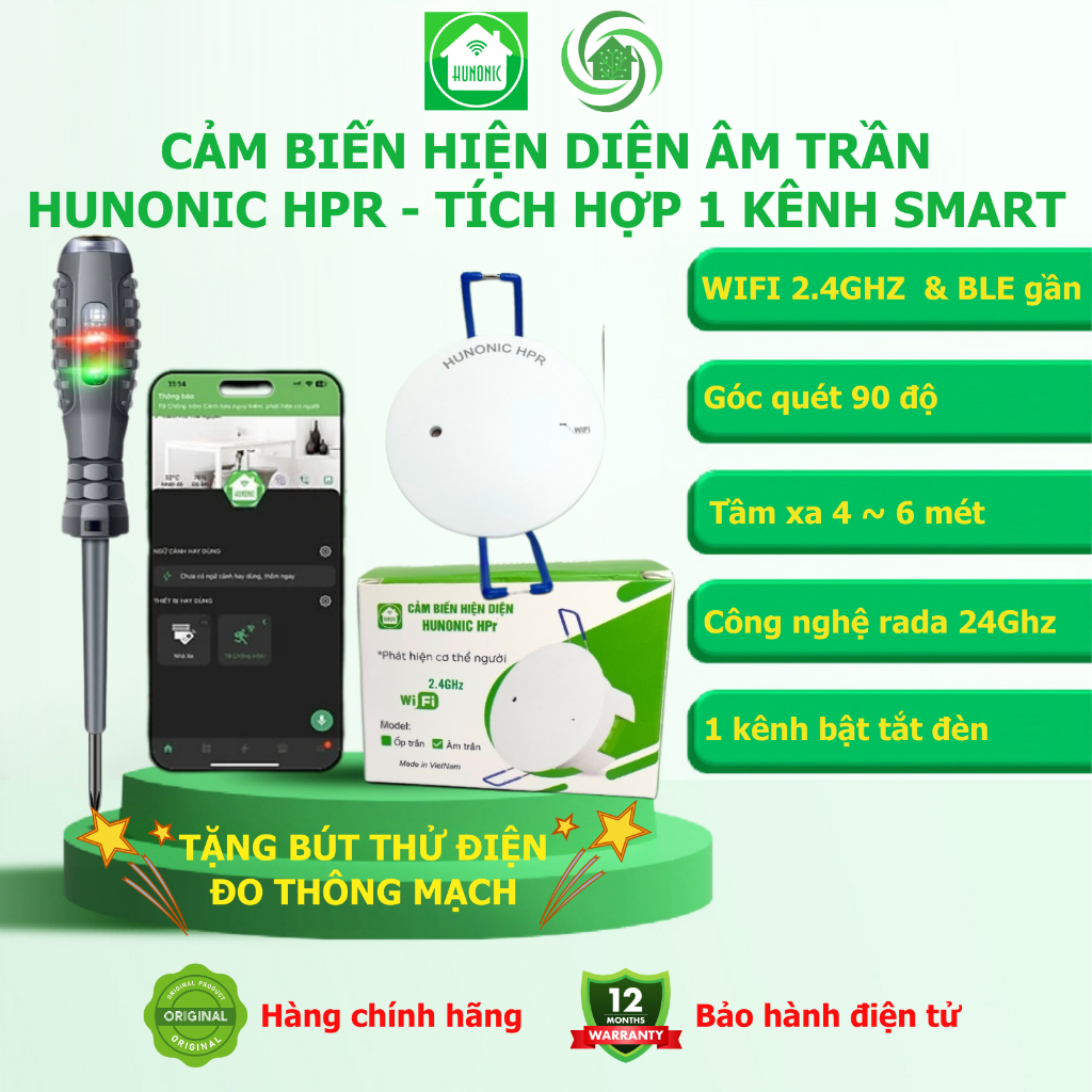 Cảm Biến Hiện Diện ÂmTrần HUNONIC HPR Tích hợp 1 kênh công tắc đèn ...