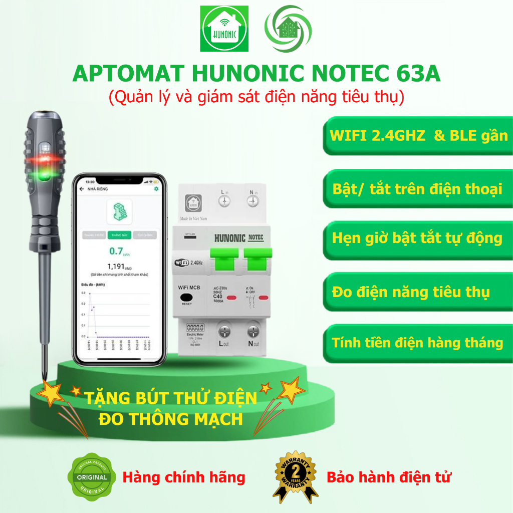 Aptomat WIFI Hunonic Notec 63A Theo Dõi Lượng Điện Tiêu Thụ Điều Khiển ...