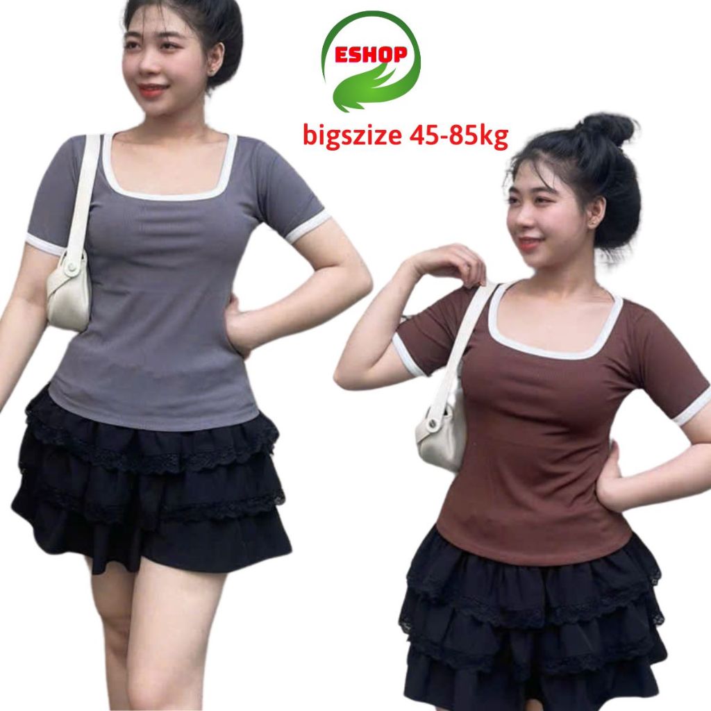 Áo thun nữ cổ vuông viền bigsize 45-85kg áo phong nữ tay ngắn thun gân tăm co giãn form ôm đẹp dễ thương MS069