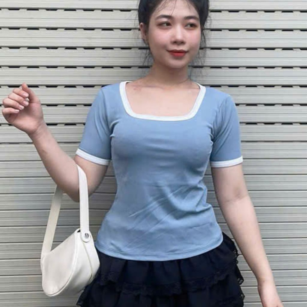 Áo thun nữ cổ vuông viền bigsize 45-85kg áo phong nữ tay ngắn thun gân tăm co giãn form ôm đẹp dễ thương MS069