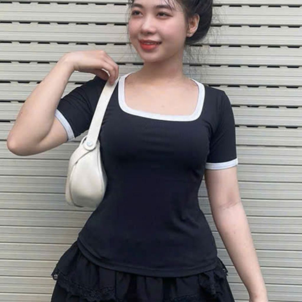 Áo thun nữ cổ vuông viền bigsize 45-85kg áo phong nữ tay ngắn thun gân tăm co giãn form ôm đẹp dễ thương MS069