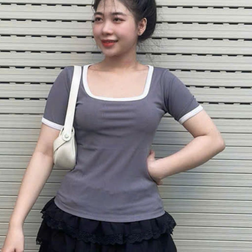 Áo thun nữ cổ vuông viền bigsize 45-85kg áo phong nữ tay ngắn thun gân tăm co giãn form ôm đẹp dễ thương MS069