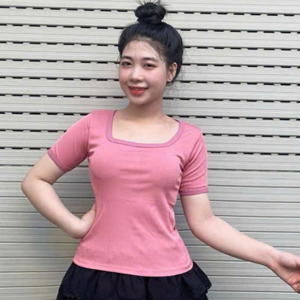 Áo thun nữ cổ vuông viền bigsize 45-85kg áo phong nữ tay ngắn thun gân tăm co giãn form ôm đẹp dễ thương MS069
