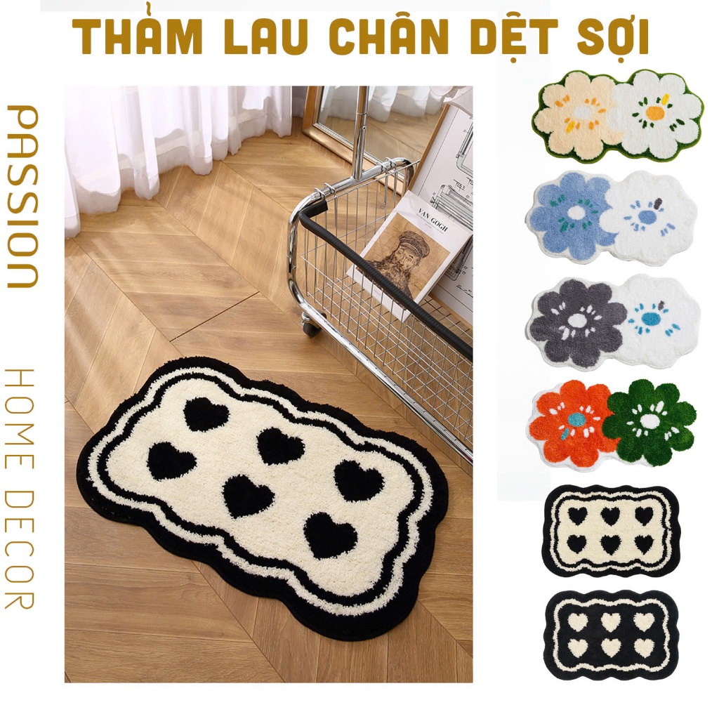 Thảm Lau Chân Cotton Len Siêu Thấm Chống Trượt Dáng Hoa Dễ Thương Vintage