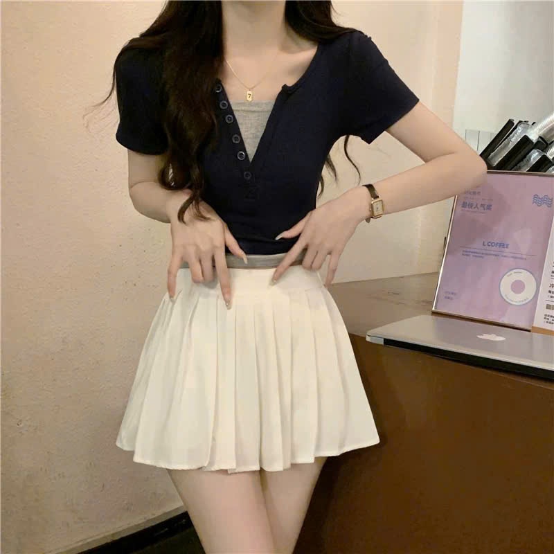 [CÓ SIZE] Áo Babytee Cộc Tay Dáng Vừa Cổ Chữ V Phối Hai Lớp RANSHI Dễ Phối Đồ Chất Thun Gân Dày