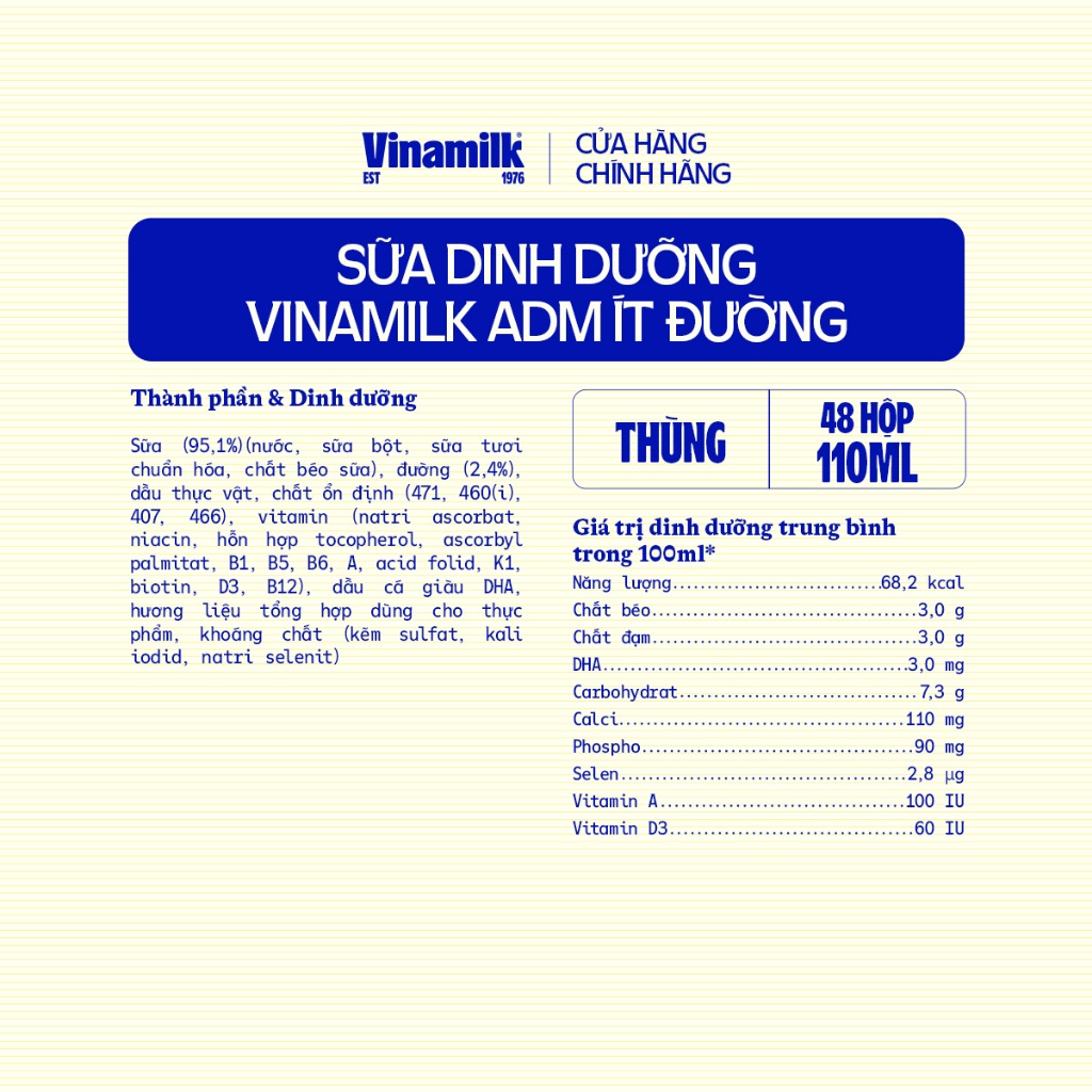 Ảnh Sữa dinh dưỡng ít đường Vinamilk ADM - Thùng 48 hộp 110ml 3