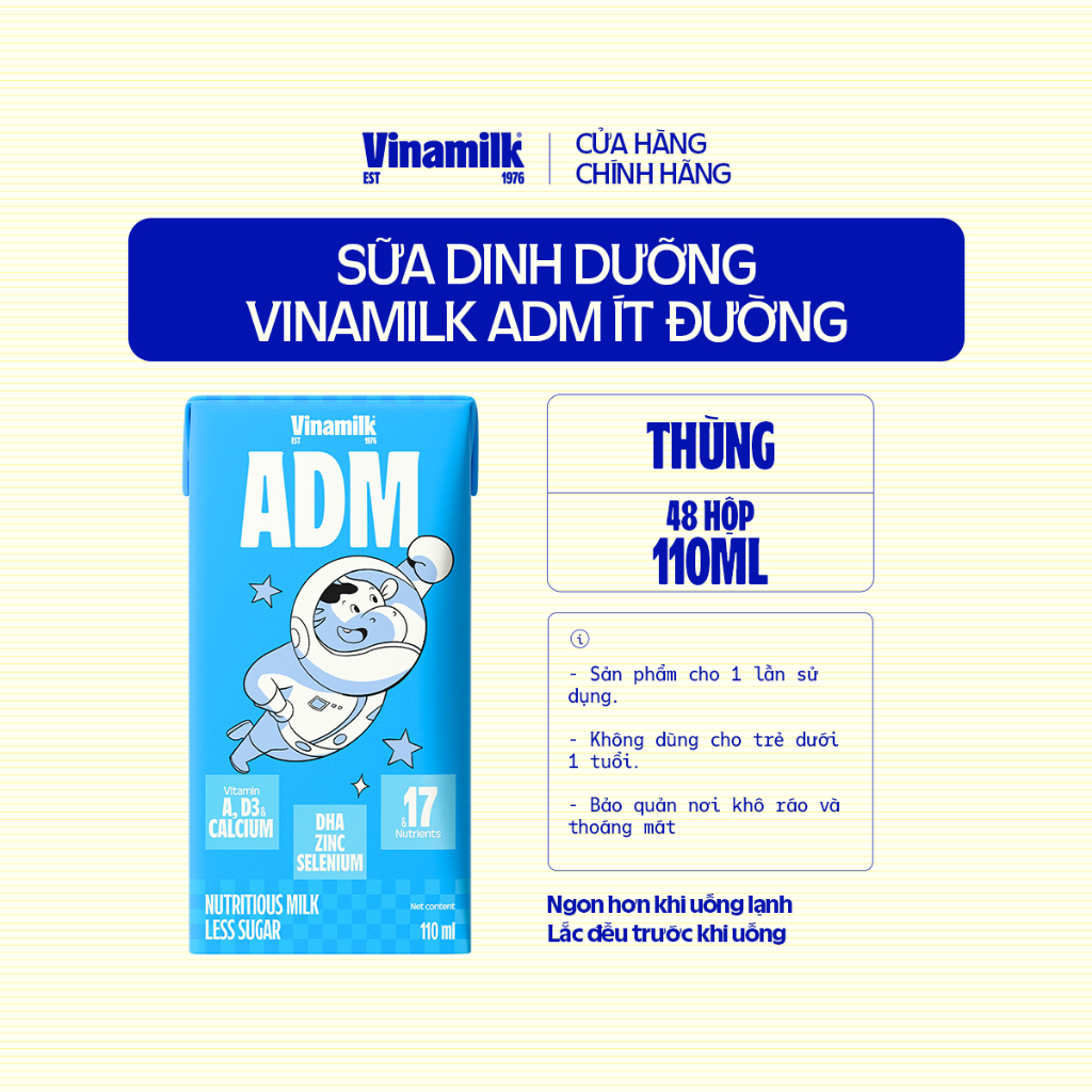 Sữa dinh dưỡng ít đường Vinamilk ADM - Thùng 48 hộp 110ml