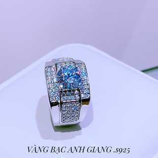 Nhẫn nam bạc AGJ s925 - Nhẫn nam mặt vuông đá chủ tròn 8ly lạm đá con cao cấp bạc s950 sang trọng nam tính