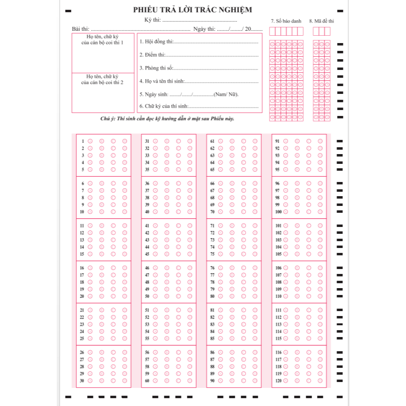 100 (50) Tờ phiếu tô trắc nghiệm. Mẫu 120 câu  BỘ GIÁO DỤC . In màu A4