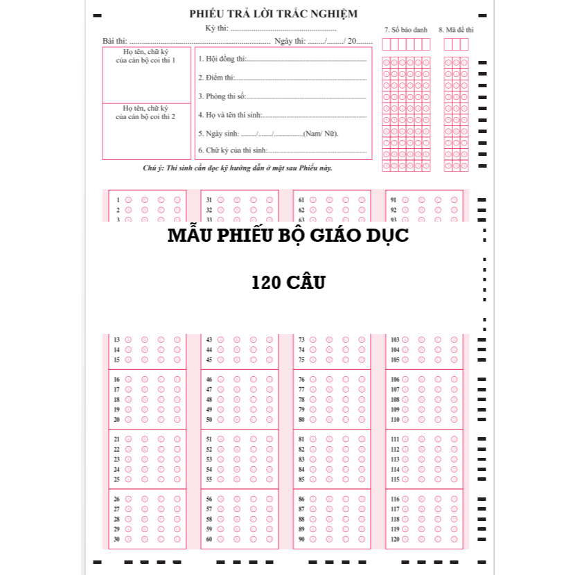 100 (50) Tờ phiếu tô trắc nghiệm. Mẫu 120 câu  BỘ GIÁO DỤC . In màu A4