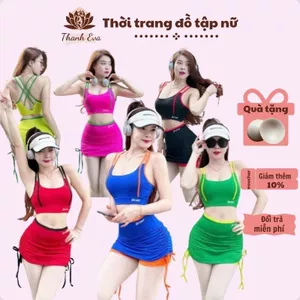 Bộ DT01 váy rút thể thao tập gym, yoga , aerobic, đi bơi , tắm biển ... thun poly co giãn thoải mái vận động