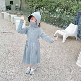 Áo khoác chống nắng thun lạnh kiểu dáng váy mũ vành cứng cho bé gái