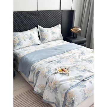 Bộ chăn ga gối lụa thái chăn hè Trần bông ga gối đồng bộ chất phi lụa mát mền minj, ga gối và chăn đồng màu