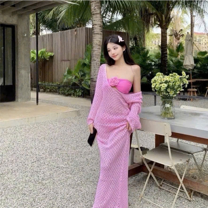 BKN 051 Đồ bơi đi biển set ba món VÁY LEN tay lửng bikini đính hoa thanh lịch sanh chảnh HAN.T SHOP