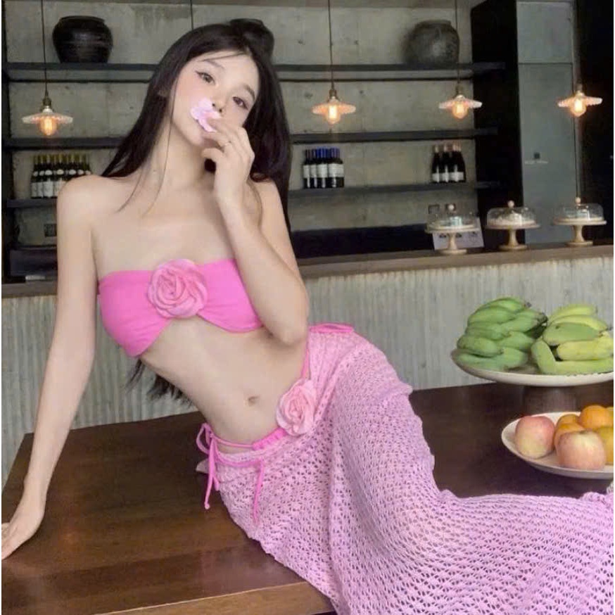 BKN 051 Đồ bơi đi biển set ba món VÁY LEN tay lửng bikini đính hoa thanh lịch sanh chảnh HAN.T SHOP