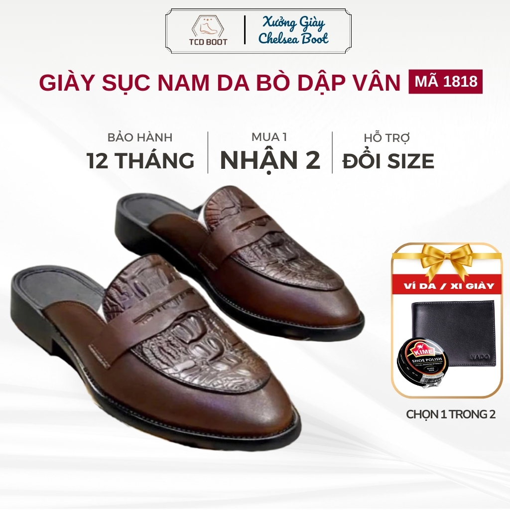 Giày Nam Giày Lười Công Sở, Giày Sục Nam Da Bò Dập Vân Cá Sấu Cao Cấp Sang Trọng Đế Cao Su Tăng Chiều Cao - Mã 1818