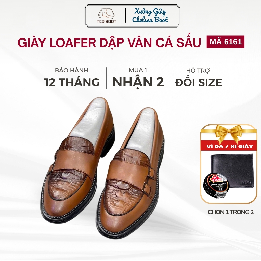 Giày Nam Giày Tây Nam Công Sở, Giày Lười Loafer Nam Da Bò Dập Vân Cá Sấu Thiết Kế 2 Khóa Đơn Giản Thanh Lịch -  Mã 6161