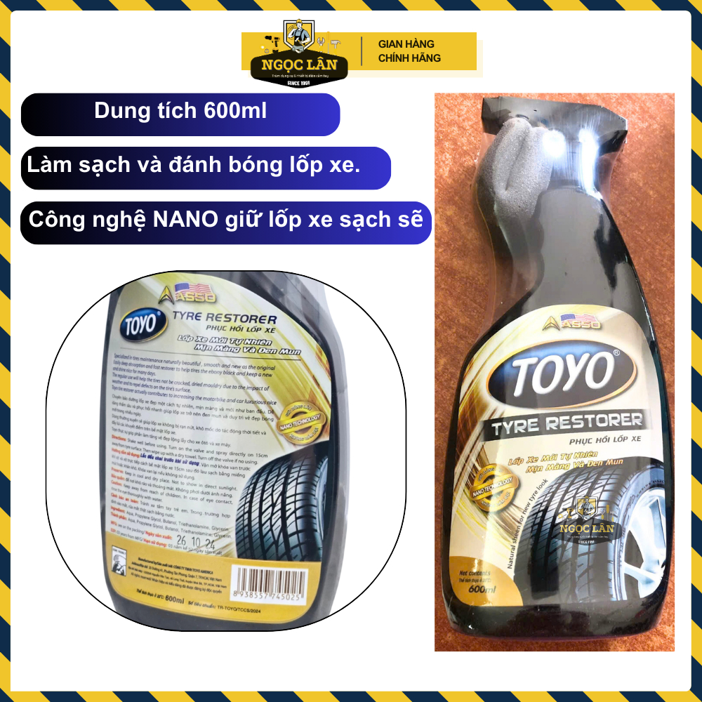 Chai xịt bóng vỏ lốp xe Toyo 600ml làm mới tự nhiên, mịn màng và đen mun công nghệ Nano cao cấp