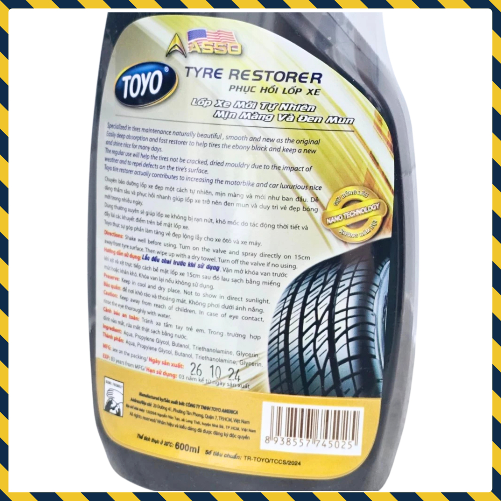 Chai xịt bóng vỏ lốp xe Toyo 600ml làm mới tự nhiên, mịn màng và đen mun công nghệ Nano cao cấp
