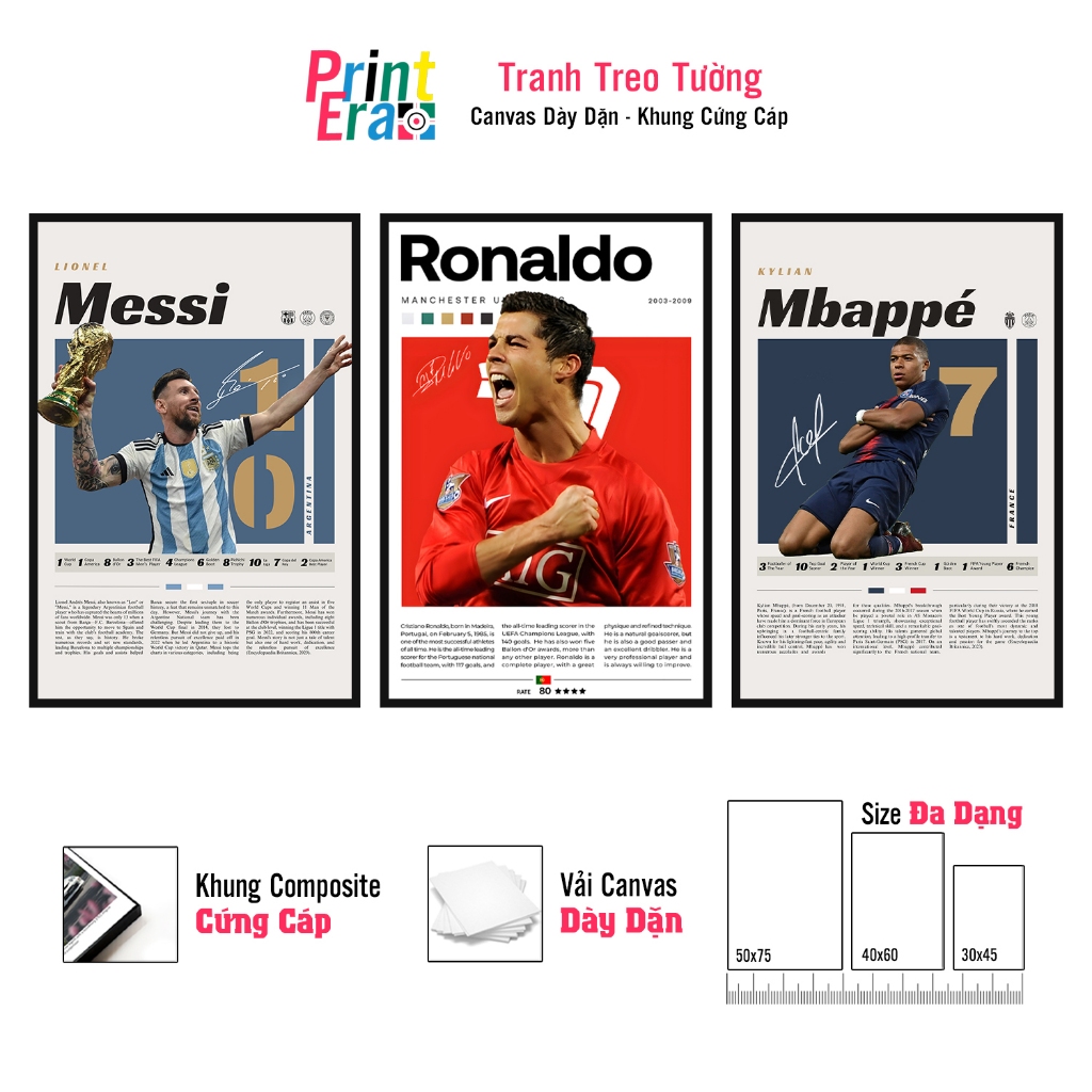 Tranh Ronaldo Messi Mbappe Retro Canvas Có Khung Composite Treo Tường ...