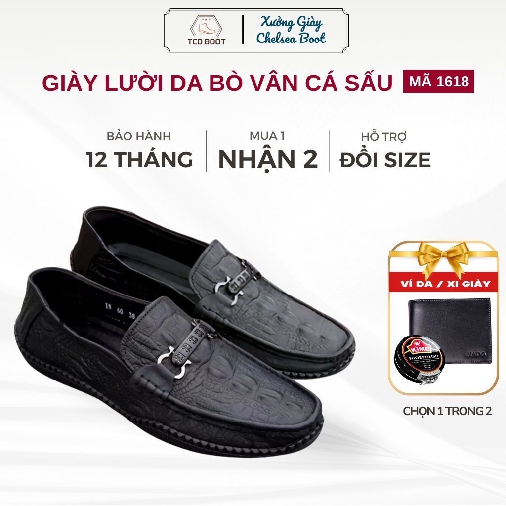 Giày Nam Giày Lười Công Sở, Giày Sục Nam Da Bò Dập Vân Cá Sấu Cao Cấp Thiết Kế Cổ Điển Sang Trọng Đế Bệt - Mã 1618