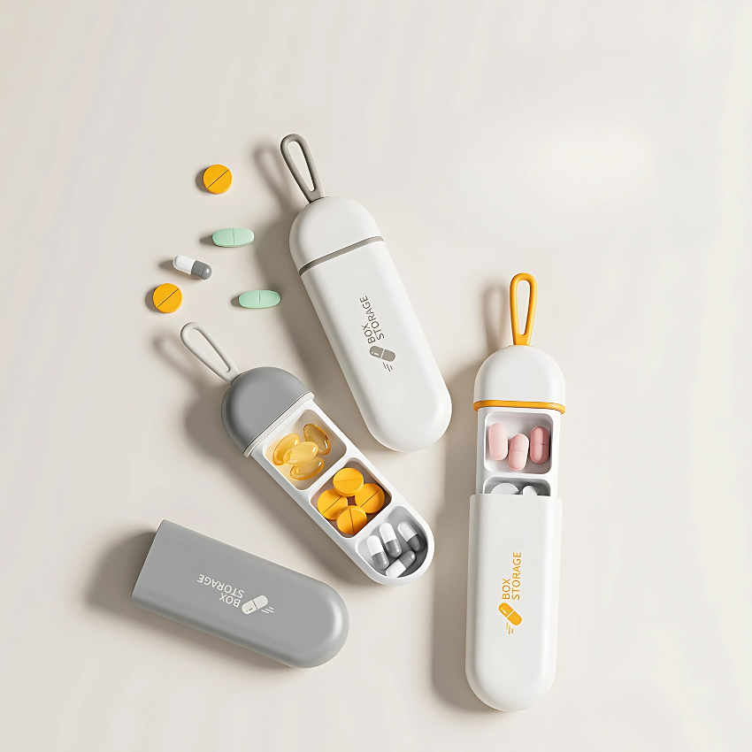 Hộp đựng thuốc, hộp chia thuốc 3 ngăn mini bỏ túi gọn gàng có dây treo silicon tiện lợi
