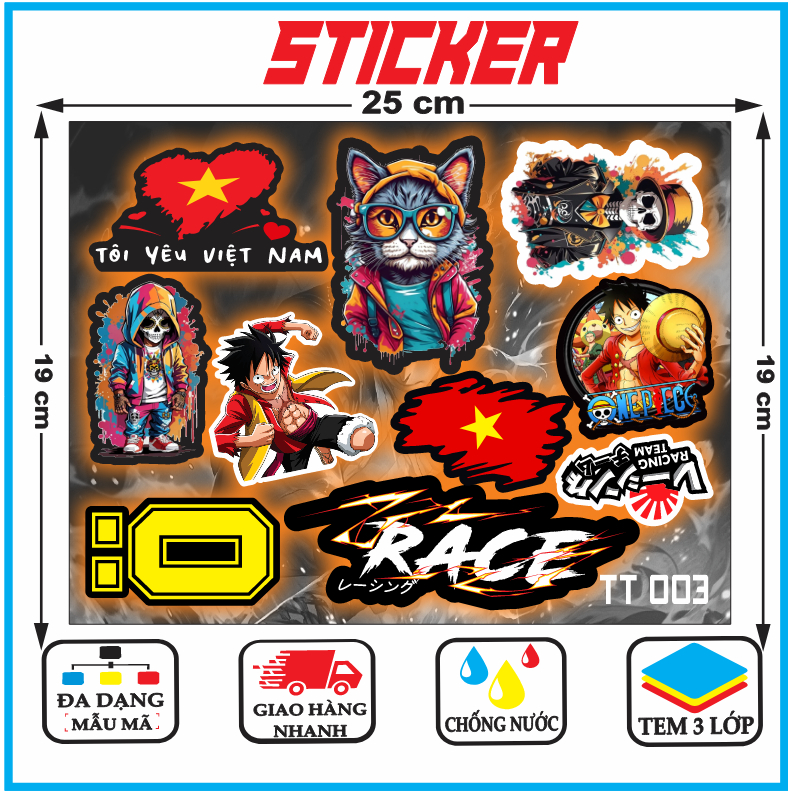 Tem dán sticker Decal dán xe Máy,Xe Điện,mũ bảo hiểm, Láp tốp, Tủ Lạnh ...