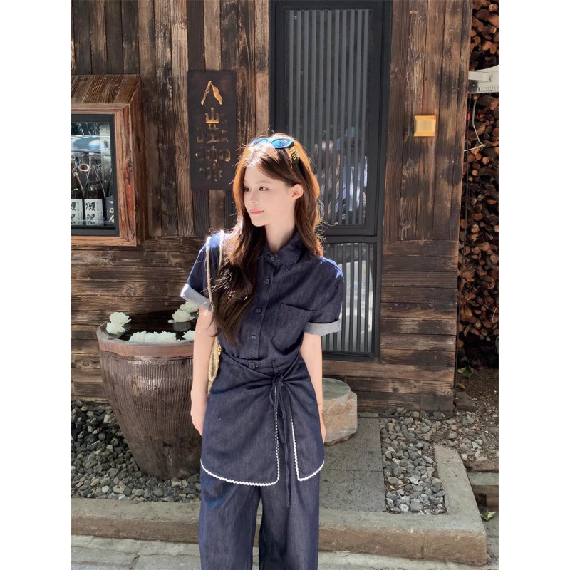 M.H STYLE ORDER Bộ đồ cổ điển Hàn Quốc của phụ nữ mùa hè 2025 nơ mới ren-up ve áo denim áo sơ mi ngắn tay
