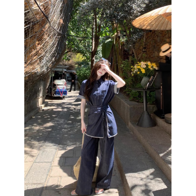 M.H STYLE ORDER Bộ đồ cổ điển Hàn Quốc của phụ nữ mùa hè 2025 nơ mới ren-up ve áo denim áo sơ mi ngắn tay