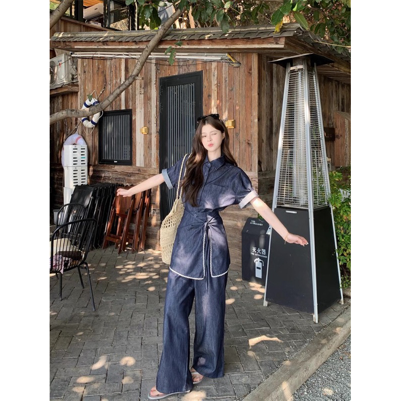 M.H STYLE ORDER Bộ đồ cổ điển Hàn Quốc của phụ nữ mùa hè 2025 nơ mới ren-up ve áo denim áo sơ mi ngắn tay