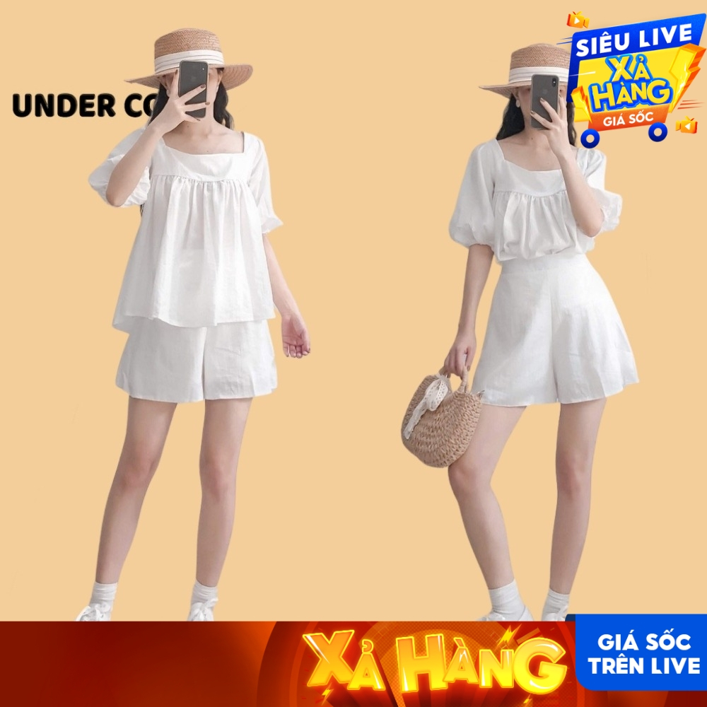 SET bộ babydoll cổ vuông buộc dây undercool kiểu dáng nữ tính trẻ trung chất đũi mát màu trắng SB24