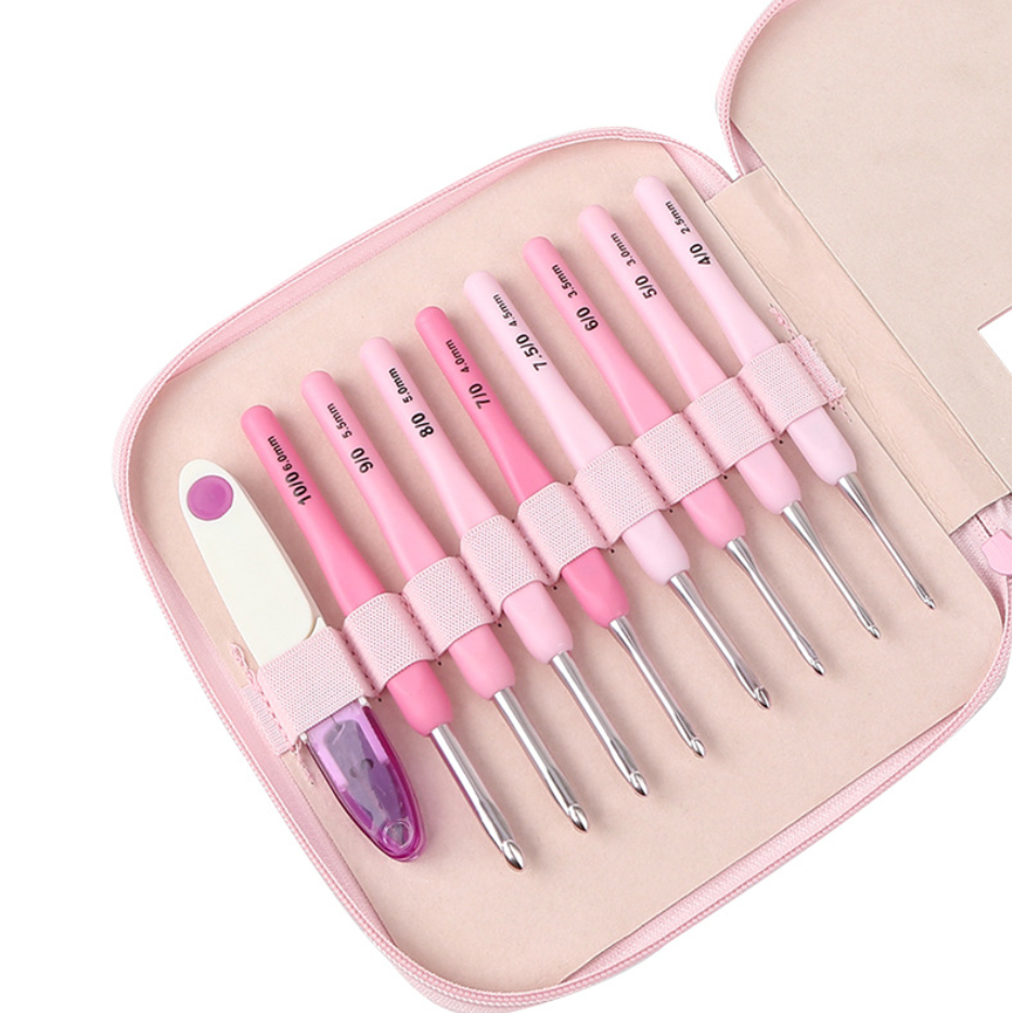Bộ kim móc màu hồng có bao da mô phỏng kim tulip