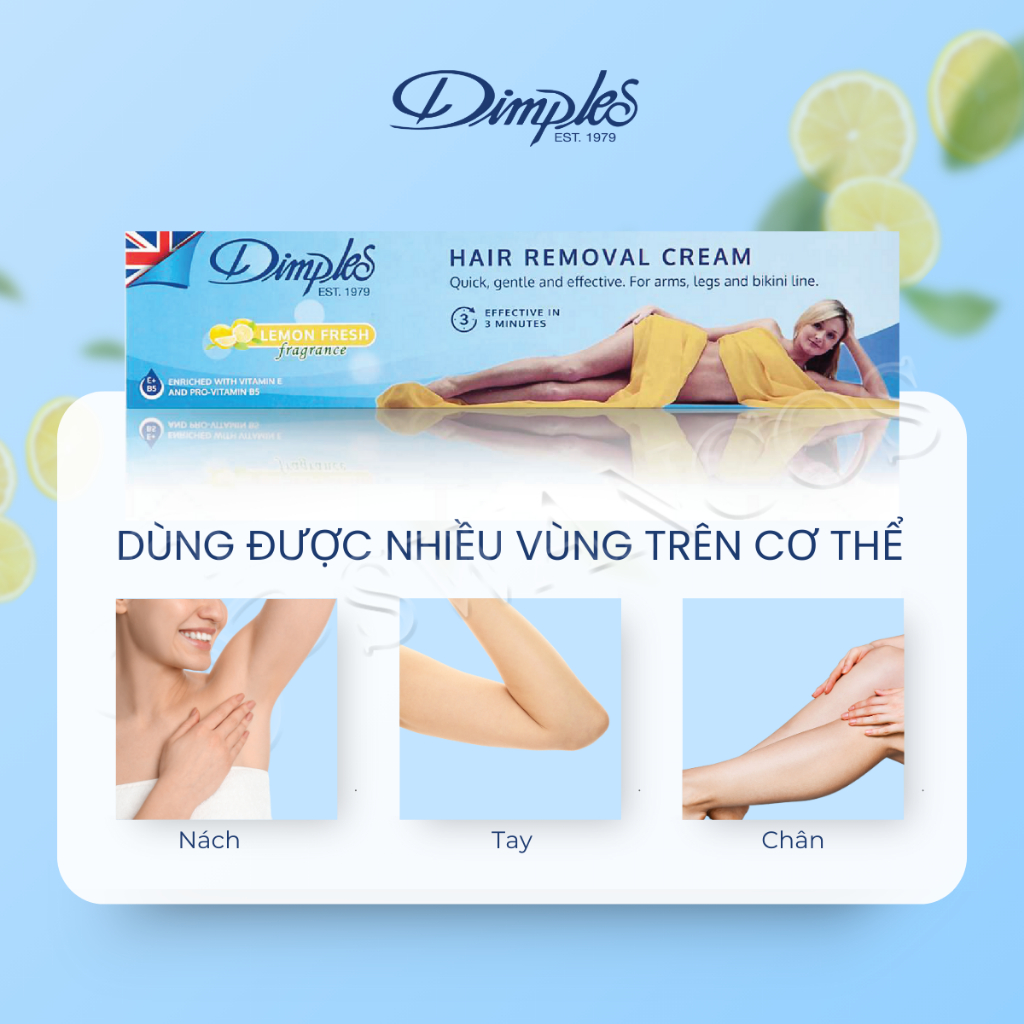 Kem Tẩy Lông Châu Âu DIMPLES Hương Chanh Dành Cho Chân, Tay, Nách, An Toàn Và Hiệu Quả