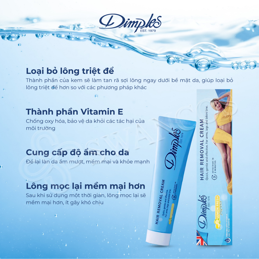 Kem Tẩy Lông Châu Âu DIMPLES Hương Chanh Dành Cho Chân, Tay, Nách, An Toàn Và Hiệu Quả