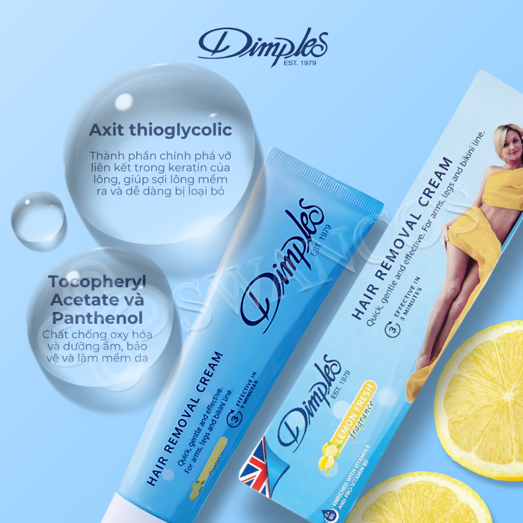 Kem Tẩy Lông Châu Âu DIMPLES Hương Chanh Dành Cho Chân, Tay, Nách, An Toàn Và Hiệu Quả