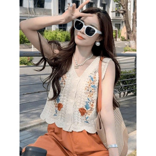 Áo len ren đan móc kiểu ghile khoác sát nách hoa thêu nổi bật free size mã 970