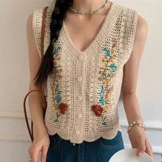 Áo len ren đan móc kiểu ghile khoác sát nách hoa thêu nổi bật free size mã 970