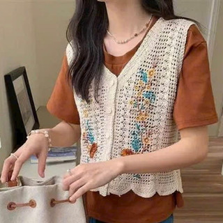 Áo len ren đan móc kiểu ghile khoác sát nách hoa thêu nổi bật free size mã 970
