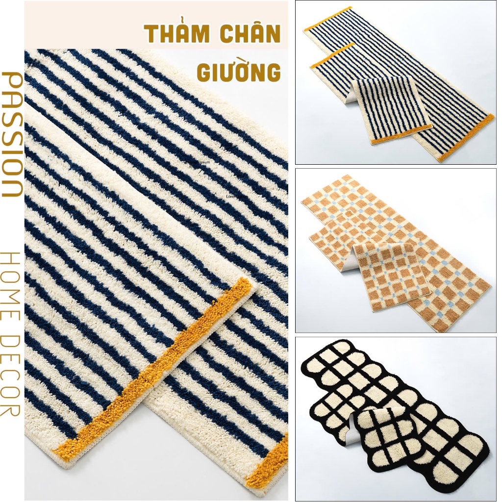 Thảm Trải Chân Giường Lông Len Họa Tiết Caro Sọc Phong Cách Hàn Quốc Vintage