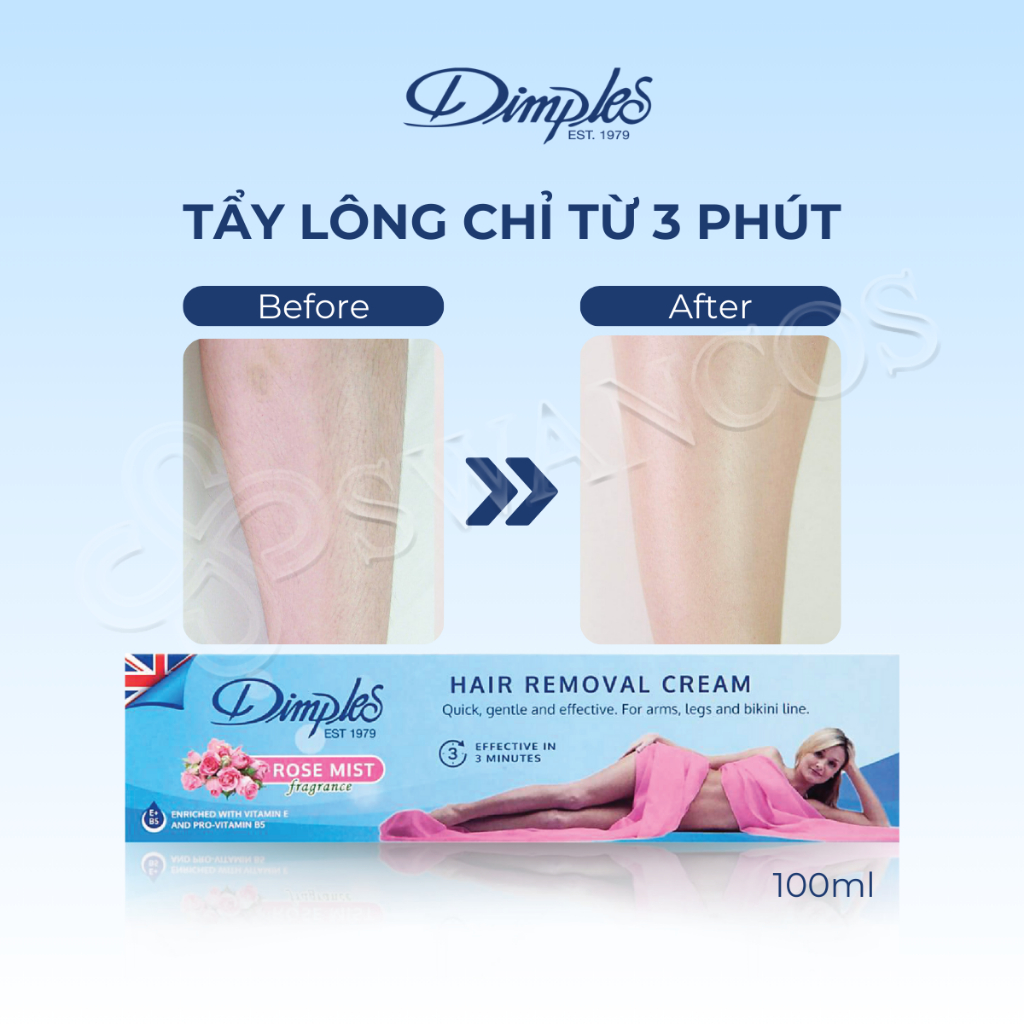 Kem Tẩy Lông Châu Âu DIMPLES Hương Hoa Hồng Dành Cho Chân, Tay, Nách, An Toàn Và Hiệu Quả