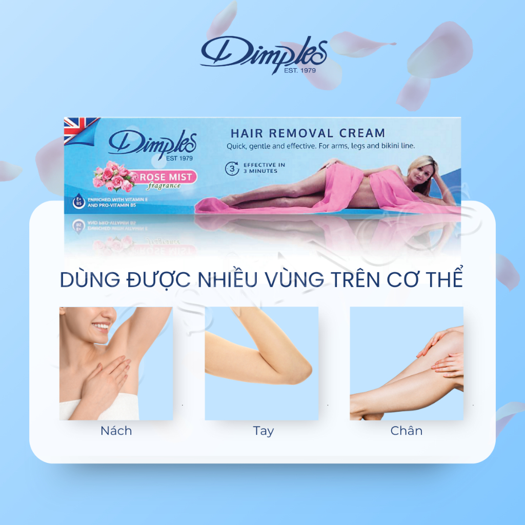 Kem Tẩy Lông Châu Âu DIMPLES Hương Hoa Hồng Dành Cho Chân, Tay, Nách, An Toàn Và Hiệu Quả