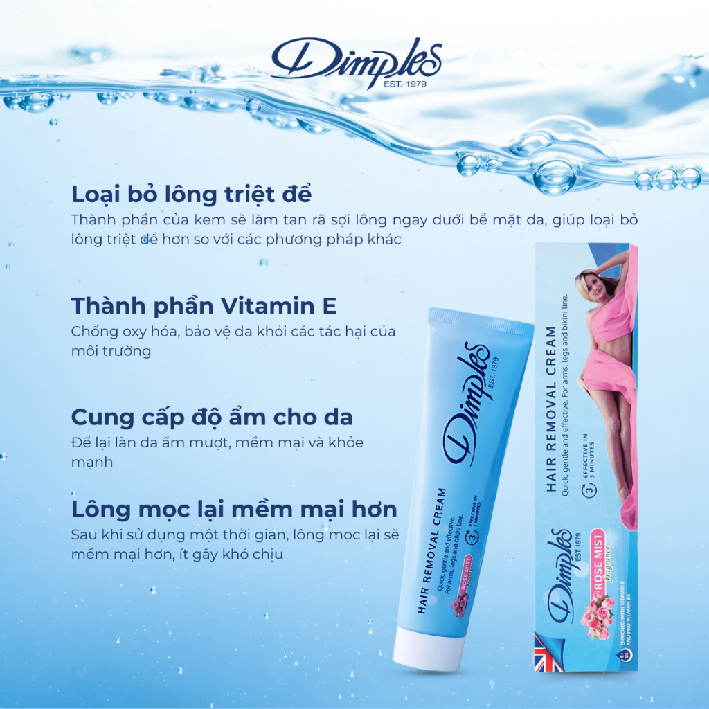 Kem Tẩy Lông Châu Âu DIMPLES Hương Hoa Hồng Dành Cho Chân, Tay, Nách, An Toàn Và Hiệu Quả