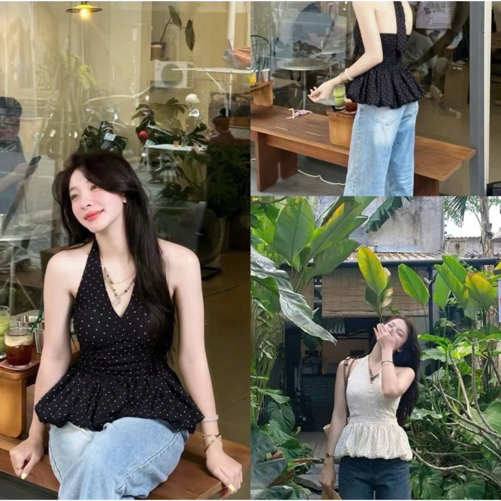 Áo yếm họa tiết chấm bi dáng bí hở lưng chun sau LALA  A54