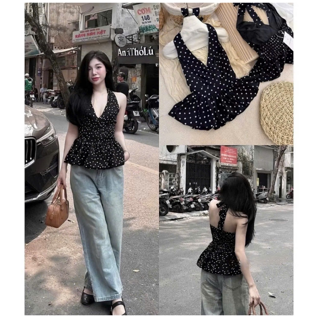 Áo yếm họa tiết chấm bi dáng bí hở lưng chun sau LALA  A54
