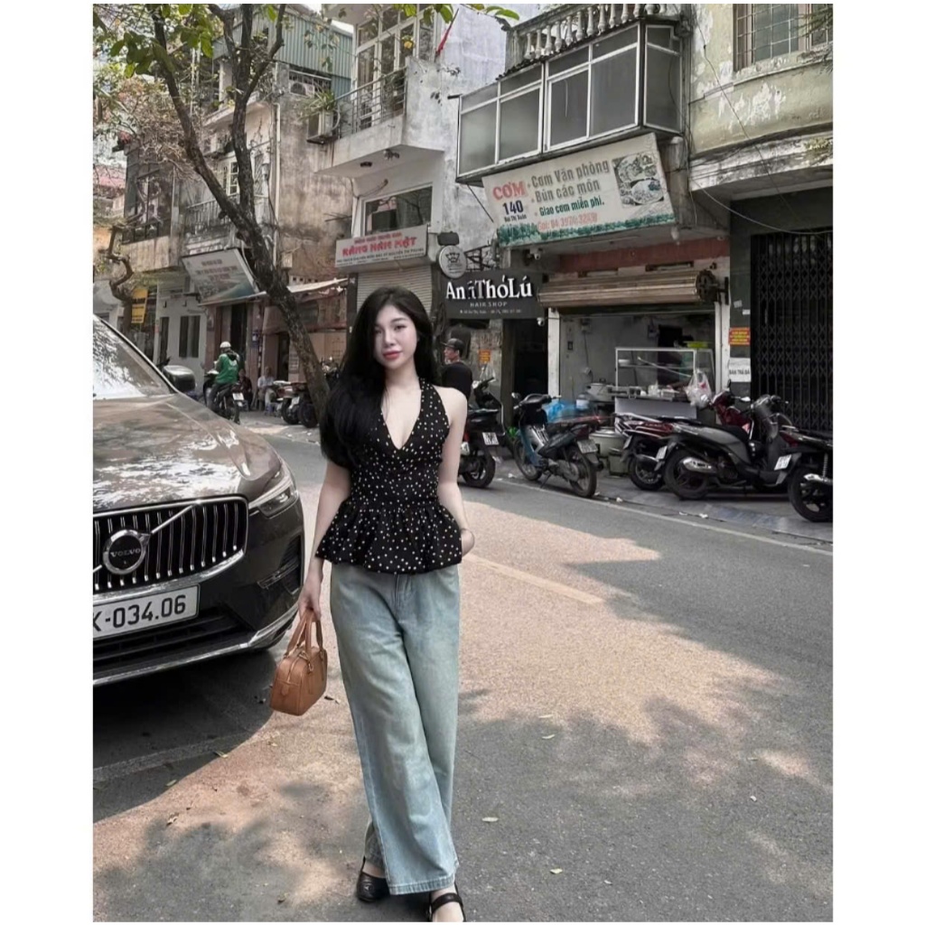 Áo yếm họa tiết chấm bi dáng bí hở lưng chun sau LALA  A54