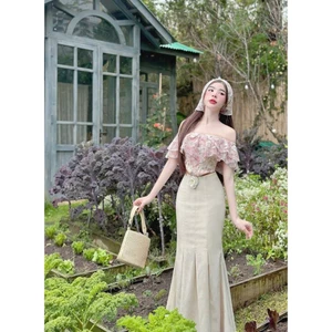 QC_ Set váy dài, set nàng thơ đi biển áo Voan + chân váy đuôi cá Cotton lạnh kèm khăn Voan đội đầu