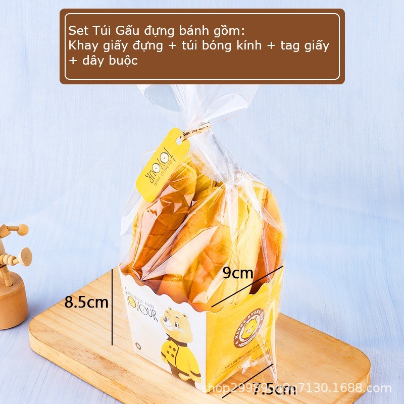 [10->50 set] Set Túi Gấu gồm Đế Giấy và Túi Bóng Kính đựng bánh cookie, bánh mì, quà tặng