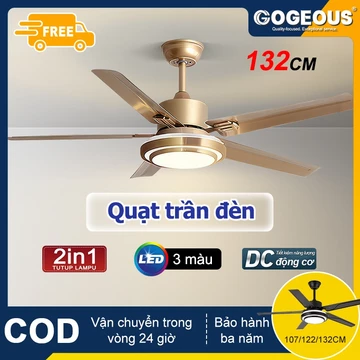 Quạt trần GOGEOUS 5 cánh, quạt trần đèn 6 tốc độ gió cánh nhôm có đèn LED 3 màu kèm điều khiển từ xa